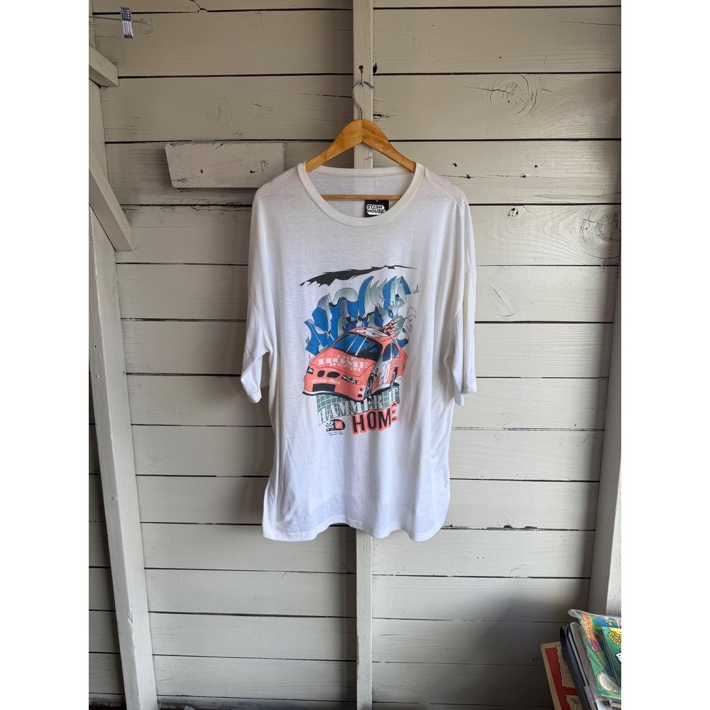 Stash House Hammer It Home Racing Graphic T-Shirt White Mens Oversized Tee